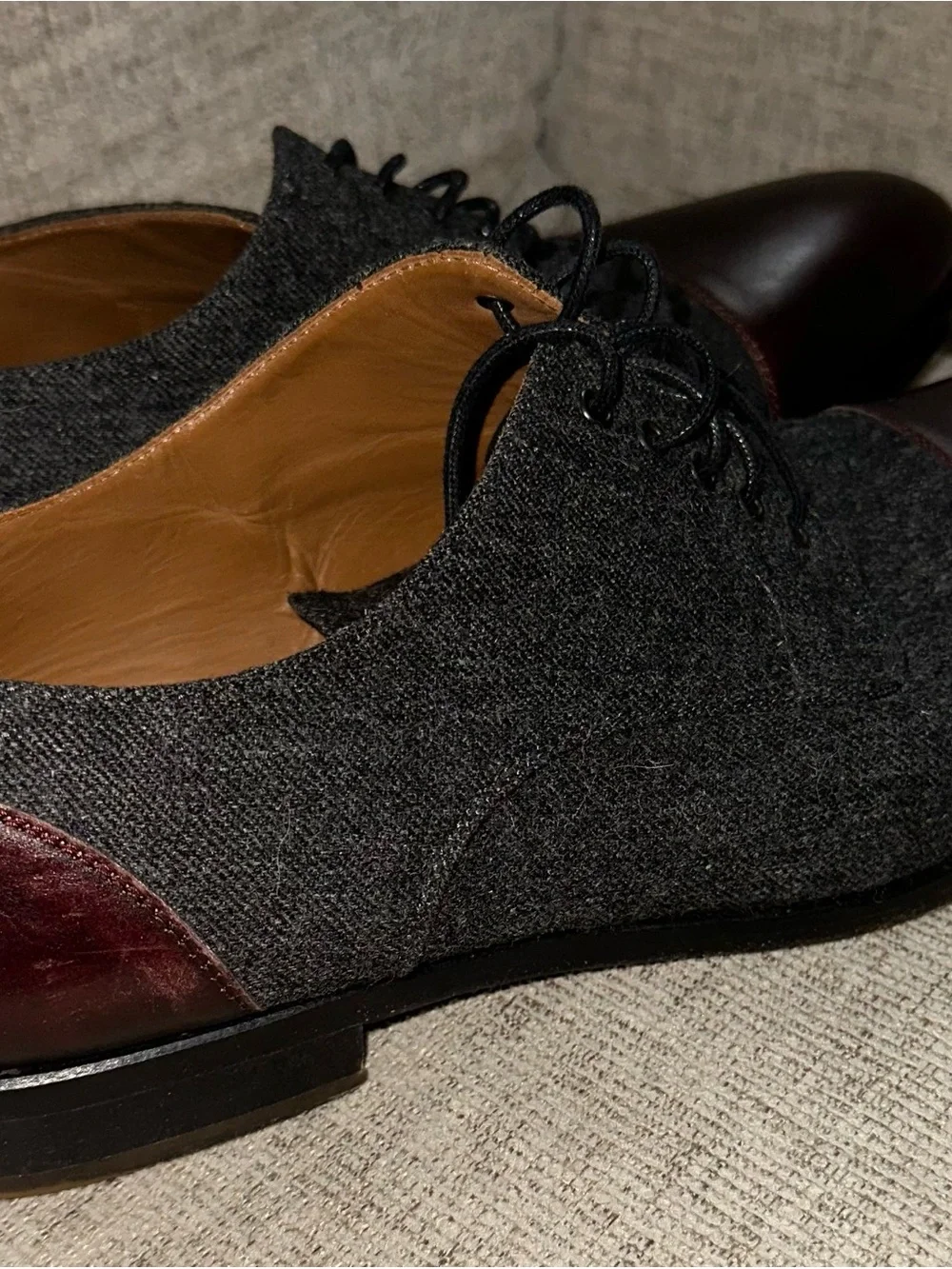 Taft Gray Wool and Burgundy Leather Cap-Toe Oxfords